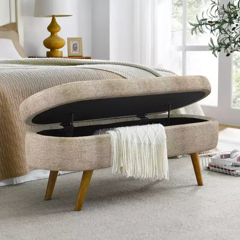 TUYOHW 43.5 Panca ottomana ovale in tessuto con contenitore, panca contenitore imbottita con gambe in legno di gomma, poggiapiedi ottomano per soggiorno, camera da letto, ingresso