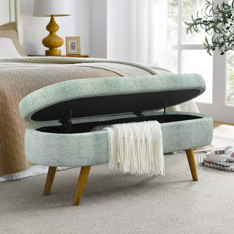 TUYOHW 43.5 Panca ottomana ovale in tessuto con contenitore, panca contenitore imbottita con gambe in legno di gomma, poggiapiedi ottomano per soggiorno, camera da letto, ingresso