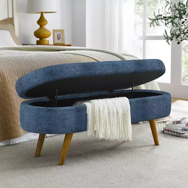 TUYOHW 43.5 Panca ottomana ovale in tessuto con contenitore, panca contenitore imbottita con gambe in legno di gomma, poggiapiedi ottomano per soggiorno, camera da letto, ingresso