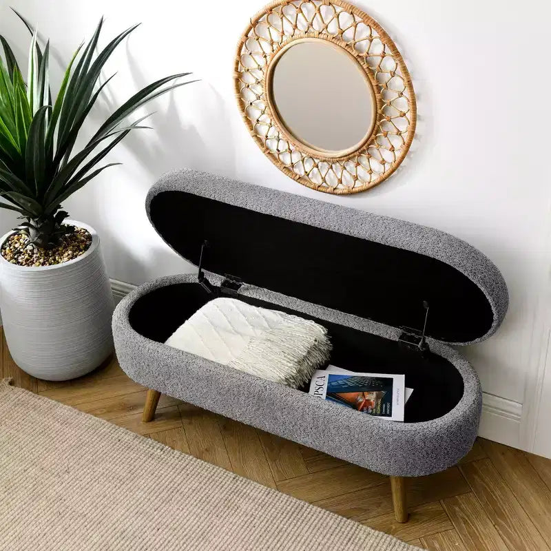 TUYOHW 43.5 Panca ottomana ovale in tessuto con contenitore, panca contenitore imbottita con gambe in legno di gomma, poggiapiedi ottomano per soggiorno, camera da letto, ingresso