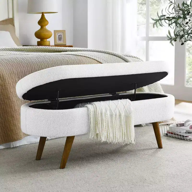 TUYOHW 43.5 Panca ottomana ovale in tessuto con contenitore, panca contenitore imbottita con gambe in legno di gomma, poggiapiedi ottomano per soggiorno, camera da letto, ingresso