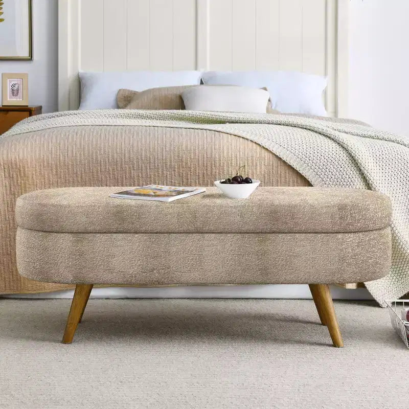 TUYOHW 43.5 Panca ottomana ovale in tessuto con contenitore, panca contenitore imbottita con gambe in legno di gomma, poggiapiedi ottomano per soggiorno, camera da letto, ingresso