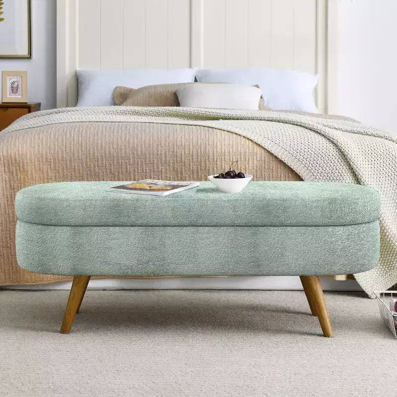 TUYOHW 43.5 Panca ottomana ovale in tessuto con contenitore, panca contenitore imbottita con gambe in legno di gomma, poggiapiedi ottomano per soggiorno, camera da letto, ingresso