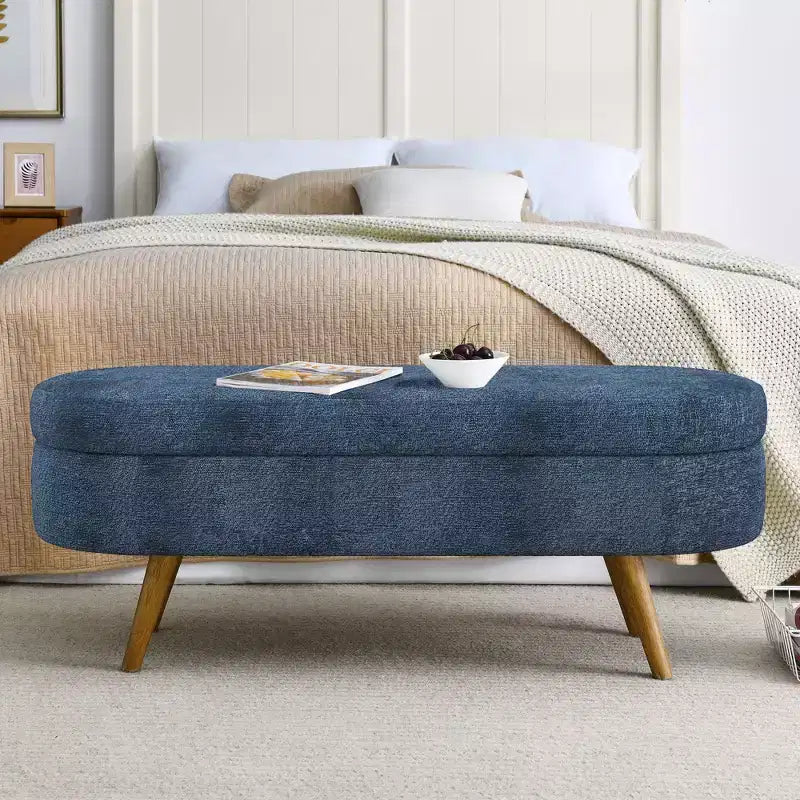 TUYOHW 43.5 Panca ottomana ovale in tessuto con contenitore, panca contenitore imbottita con gambe in legno di gomma, poggiapiedi ottomano per soggiorno, camera da letto, ingresso