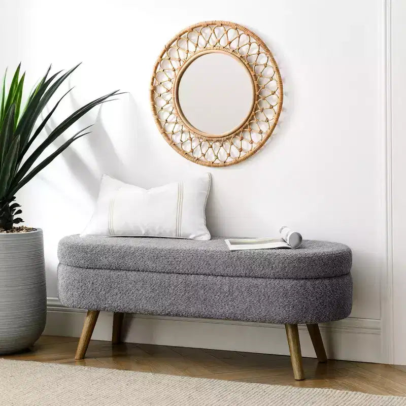 TUYOHW 43.5 Panca ottomana ovale in tessuto con contenitore, panca contenitore imbottita con gambe in legno di gomma, poggiapiedi ottomano per soggiorno, camera da letto, ingresso