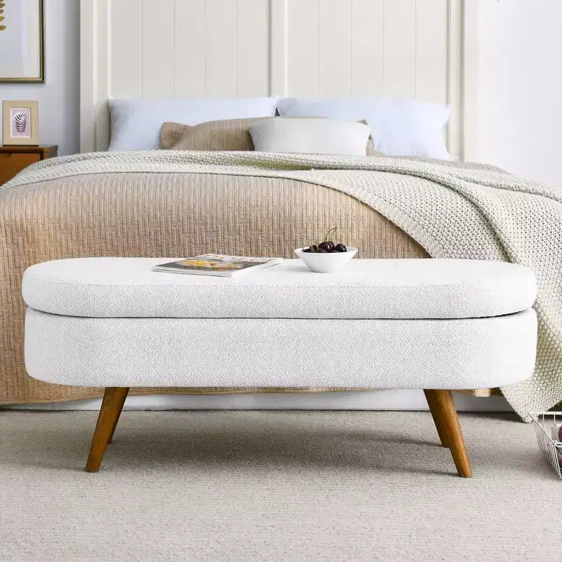 TUYOHW 43.5 Panca ottomana ovale in tessuto con contenitore, panca contenitore imbottita con gambe in legno di gomma, poggiapiedi ottomano per soggiorno, camera da letto, ingresso