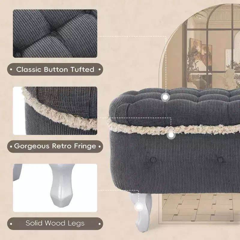 Panca contenitore imbottita TUYOHW 29.5, panca con pedana in tessuto con bottoni trapuntati e frange, piano sollevabile, panca per fondo letto per camera da letto, soggiorno