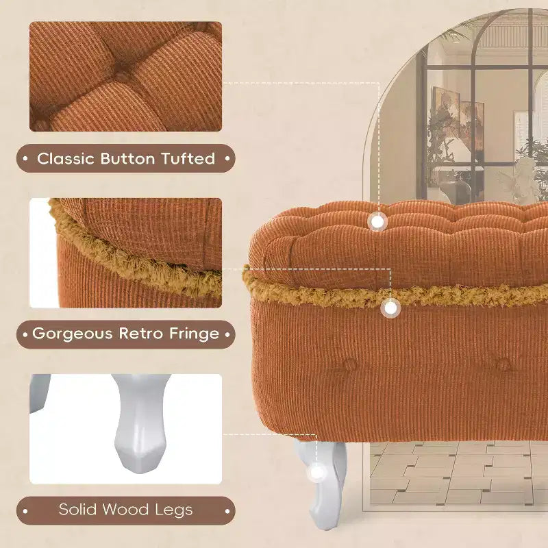 Panca contenitore imbottita TUYOHW 29.5, panca con pedana in tessuto con bottoni trapuntati e frange, piano sollevabile, panca per fondo letto per camera da letto, soggiorno