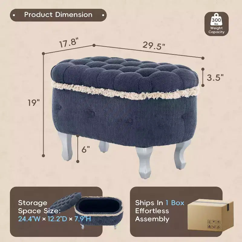 Panca contenitore imbottita TUYOHW 29.5, panca con pedana in tessuto con bottoni trapuntati e frange, piano sollevabile, panca per fondo letto per camera da letto, soggiorno
