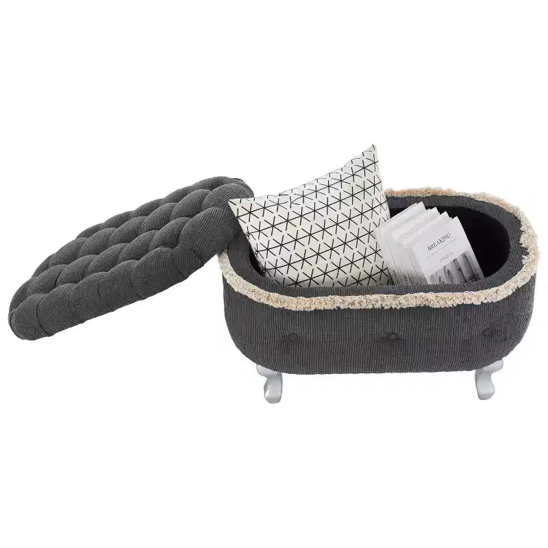 Panca contenitore imbottita TUYOHW 29.5, panca con pedana in tessuto con bottoni trapuntati e frange, piano sollevabile, panca per fondo letto per camera da letto, soggiorno