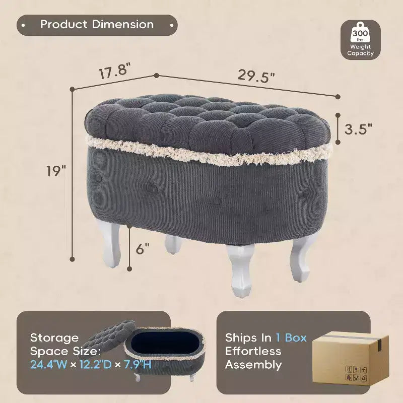 Panca contenitore imbottita TUYOHW 29.5, panca con pedana in tessuto con bottoni trapuntati e frange, piano sollevabile, panca per fondo letto per camera da letto, soggiorno