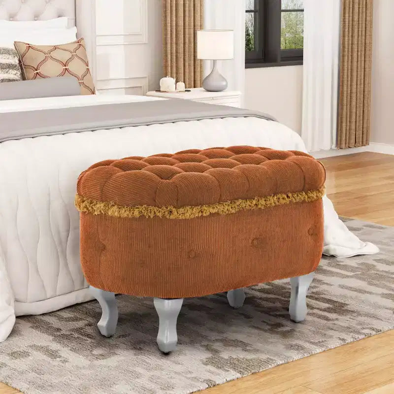 Panca contenitore imbottita TUYOHW 29.5, panca con pedana in tessuto con bottoni trapuntati e frange, piano sollevabile, panca per fondo letto per camera da letto, soggiorno