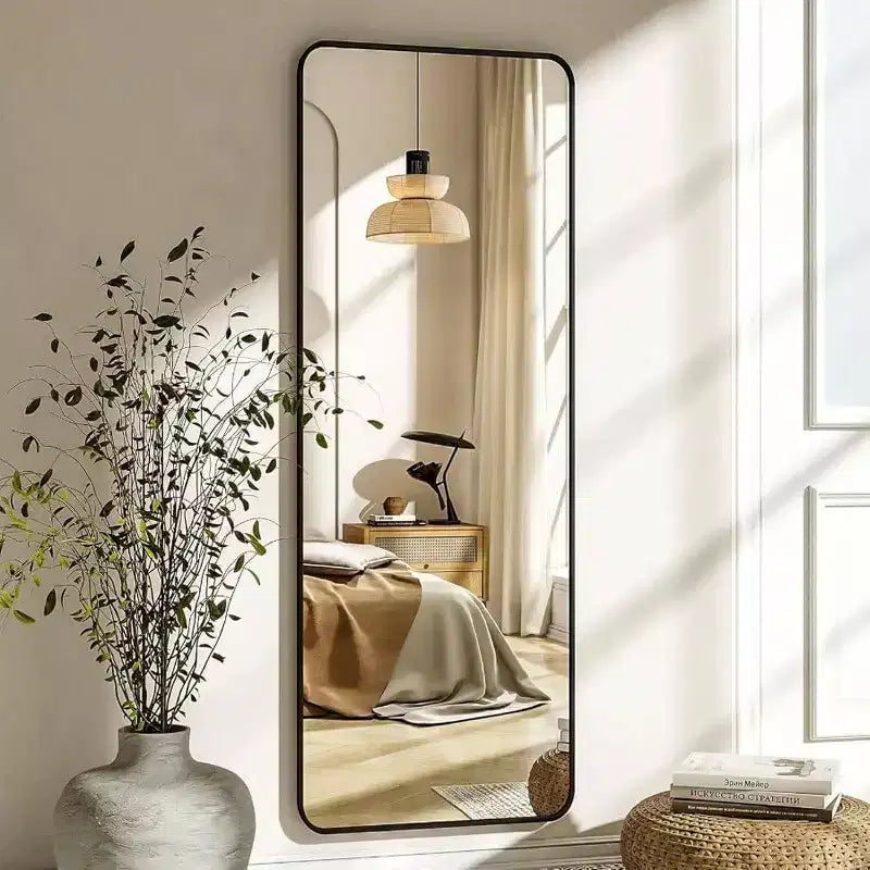 Specchio da terra a figura intera 56x21 pollici, rettangolare con angoli arrotondati, con supporto, nero, per camera da letto e soggiorno