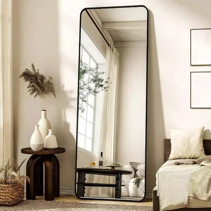 Specchio da terra a figura intera 56x21 pollici, rettangolare con angoli arrotondati, con supporto, nero, per camera da letto e soggiorno