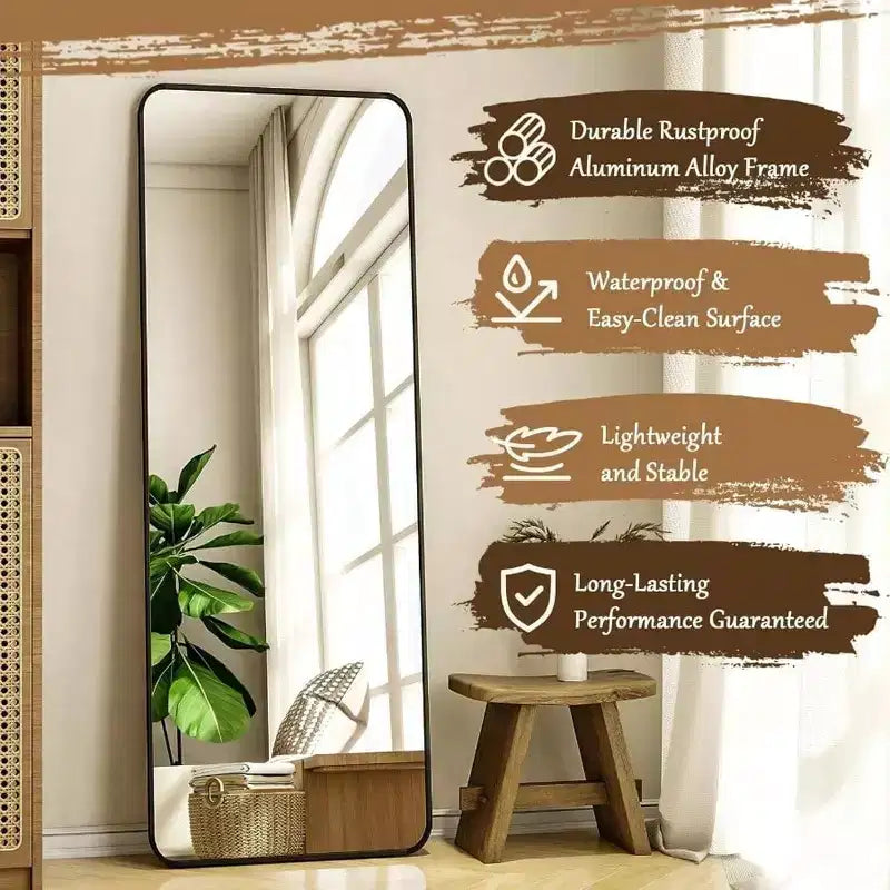 Specchio da terra a figura intera 56x21 pollici, rettangolare con angoli arrotondati, con supporto, nero, per camera da letto e soggiorno