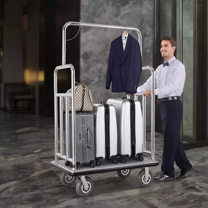 Carrello portabagagli per hotel VEVOR, capacità di carico 544 kg, carrello per fattorino con finitura in acciaio inossidabile spazzolato, carrello per facchino con ponte rivestito in moquette grigia e ruote da 8 pollici, argento