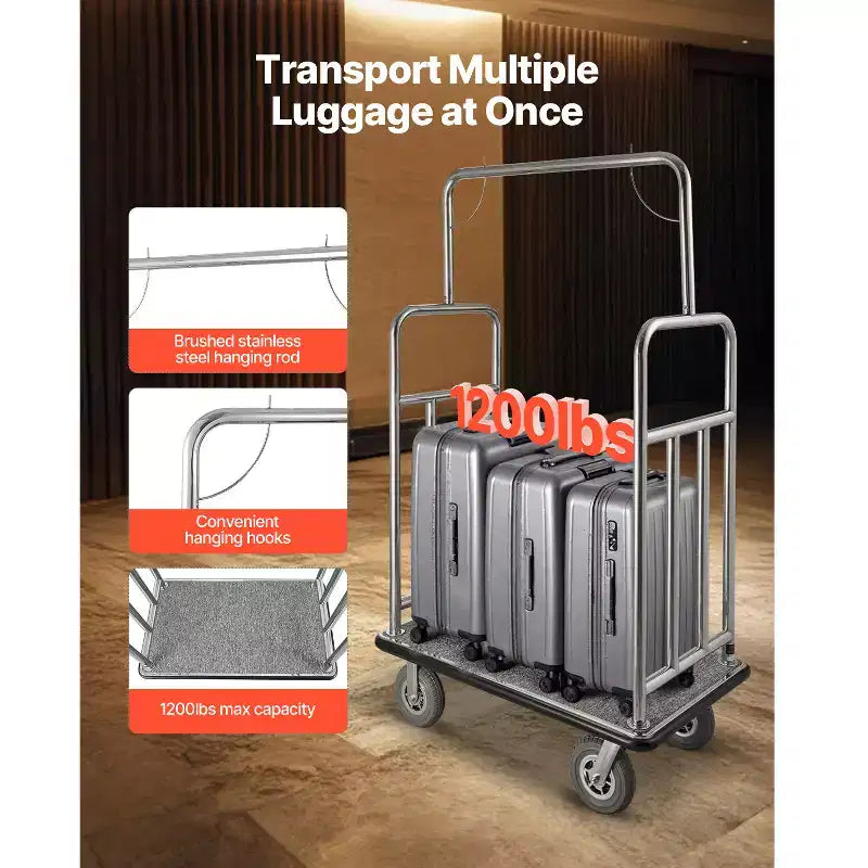 Carrello portabagagli per hotel VEVOR, capacità di carico 544 kg, carrello per fattorino con finitura in acciaio inossidabile spazzolato, carrello per facchino con ponte rivestito in moquette grigia e ruote da 8 pollici, argento