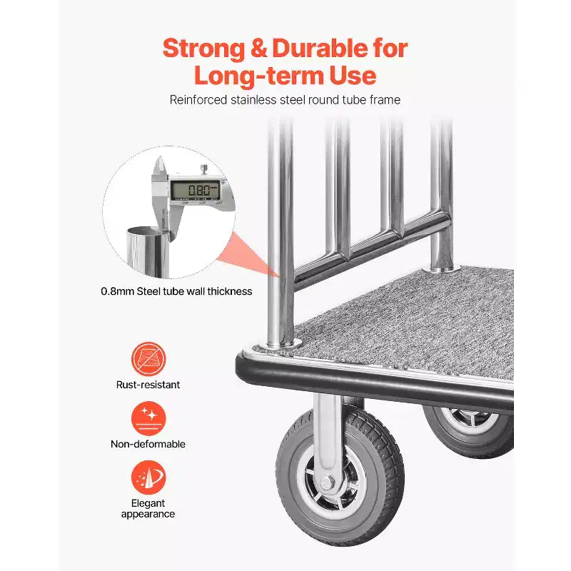 Carrello portabagagli per hotel VEVOR, capacità di carico 544 kg, carrello per fattorino con finitura in acciaio inossidabile spazzolato, carrello per facchino con ponte rivestito in moquette grigia e ruote da 8 pollici, argento