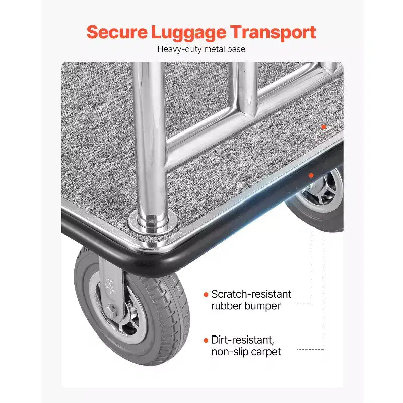 Carrello portabagagli per hotel VEVOR, capacità di carico 544 kg, carrello per fattorino con finitura in acciaio inossidabile spazzolato, carrello per facchino con ponte rivestito in moquette grigia e ruote da 8 pollici, argento
