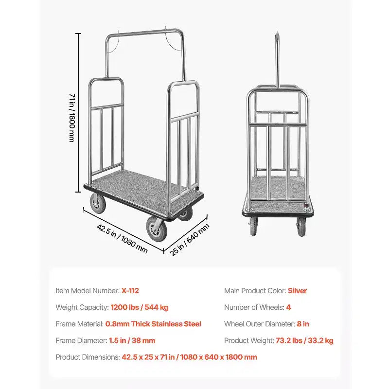 Carrello portabagagli per hotel VEVOR, capacità di carico 544 kg, carrello per fattorino con finitura in acciaio inossidabile spazzolato, carrello per facchino con ponte rivestito in moquette grigia e ruote da 8 pollici, argento