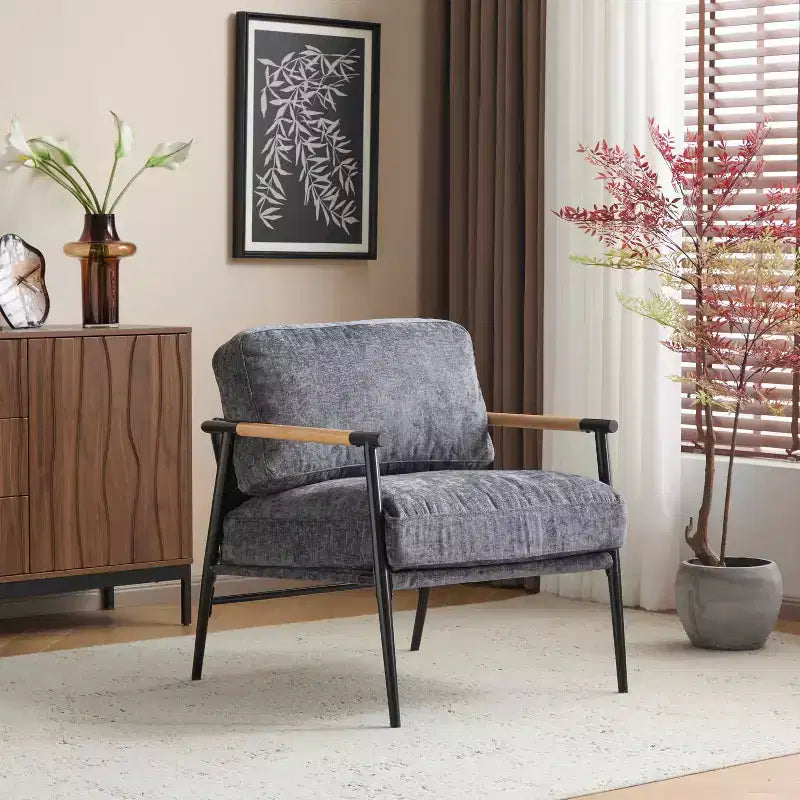 MAYEERTY 27.56 Poltrona d'accento moderna, cuscini imbottiti, struttura in metallo minimalista, braccioli in legno, soggiorno, camera da letto, ufficio