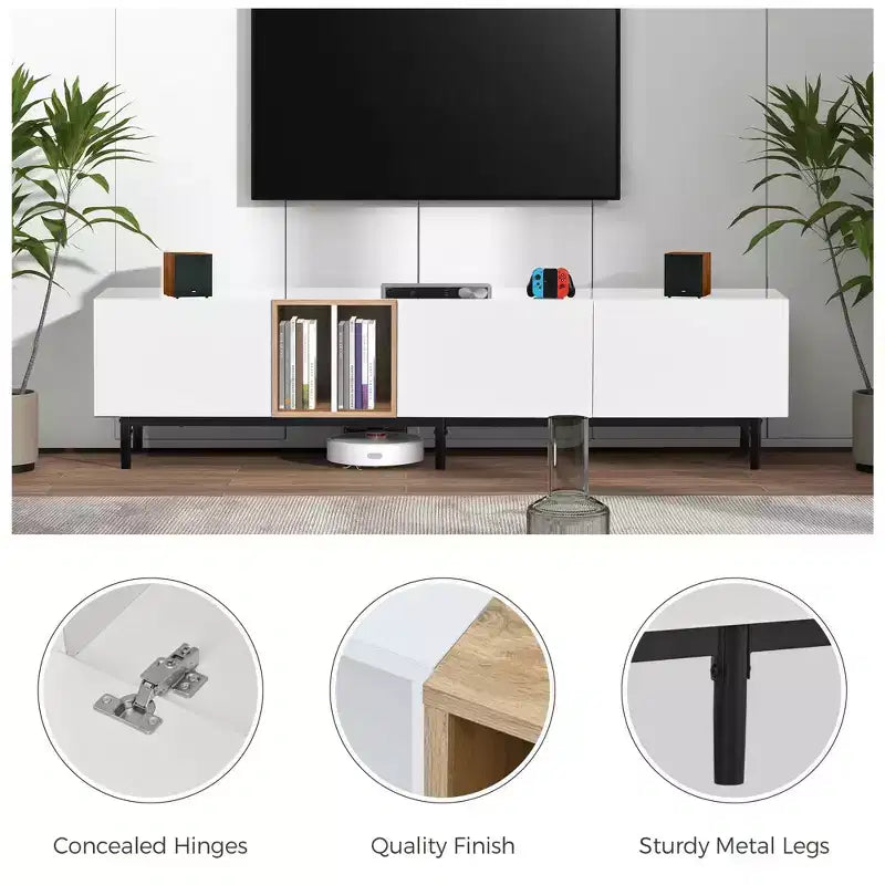 MAYEERTY Mobile TV moderno per TV da 80 pollici con 3 ante, centro intrattenimento con grande armadietto per soggiorno e camera da letto, bianco