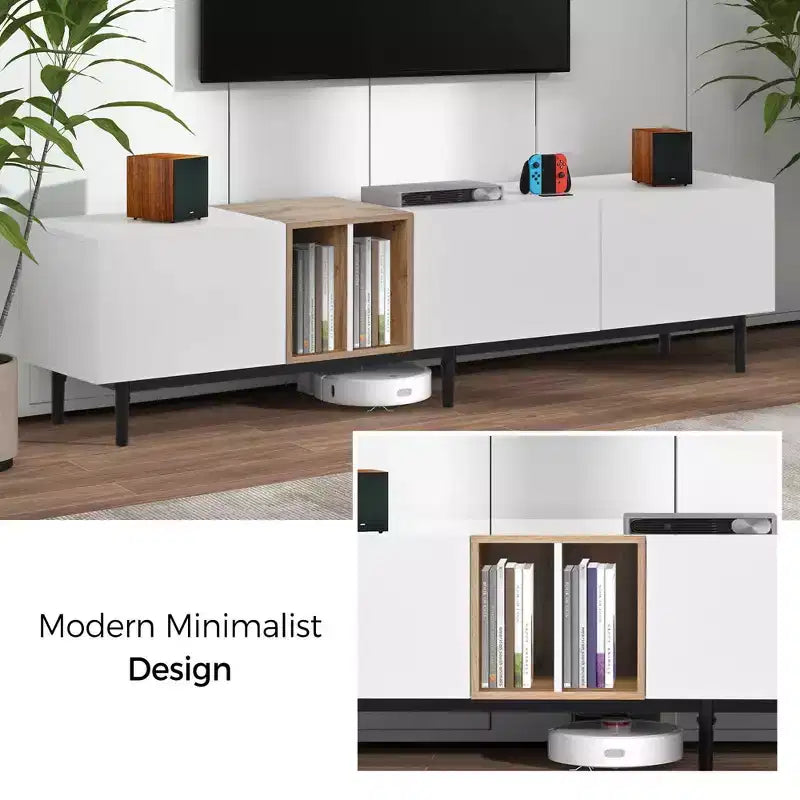 MAYEERTY Mobile TV moderno per TV da 80 pollici con 3 ante, centro intrattenimento con grande armadietto per soggiorno e camera da letto, bianco