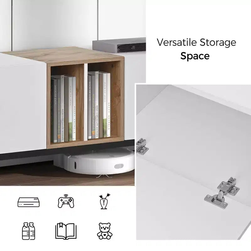 MAYEERTY Mobile TV moderno per TV da 80 pollici con 3 ante, centro intrattenimento con grande armadietto per soggiorno e camera da letto, bianco