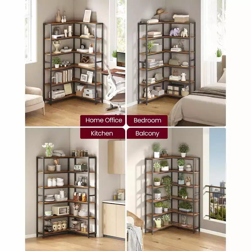 Libreria angolare a 6 ripiani, scaffale convertibile con struttura in metallo e piedini regolabili, capacità 210 kg per soggiorno ufficio, marrone rustico e nero