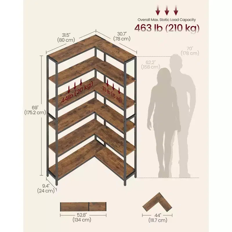 Libreria angolare a 6 ripiani, scaffale convertibile con struttura in metallo e piedini regolabili, capacità 210 kg per soggiorno ufficio, marrone rustico e nero