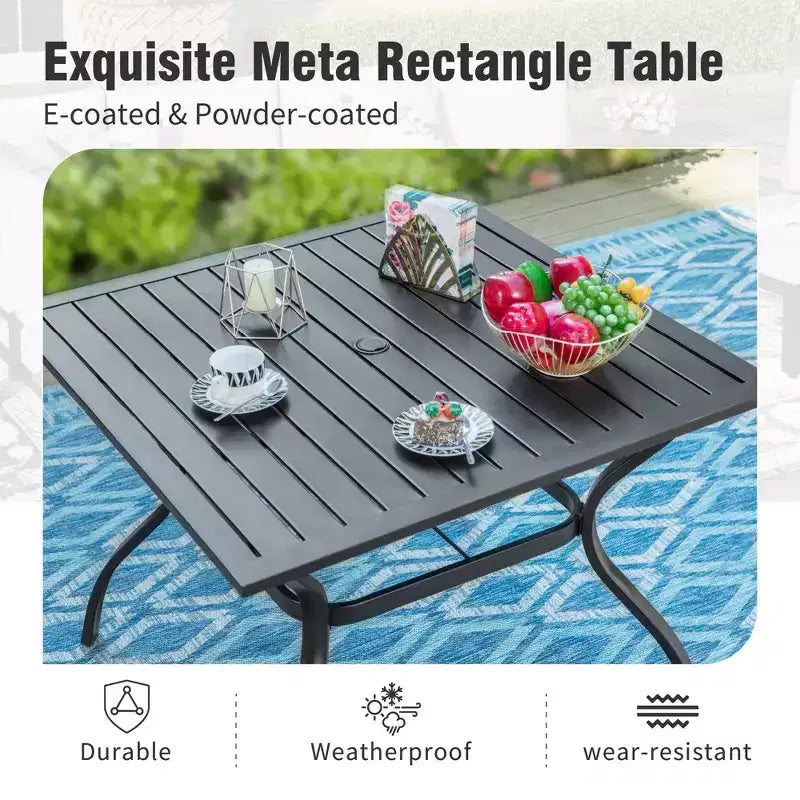 Captiva Designs Set 6 Pezzi Tavolo da Pranzo con Piano a Doghe in Acciaio & Sedie in Metallo con Schienale a Righe & Ombrellone da Giardino