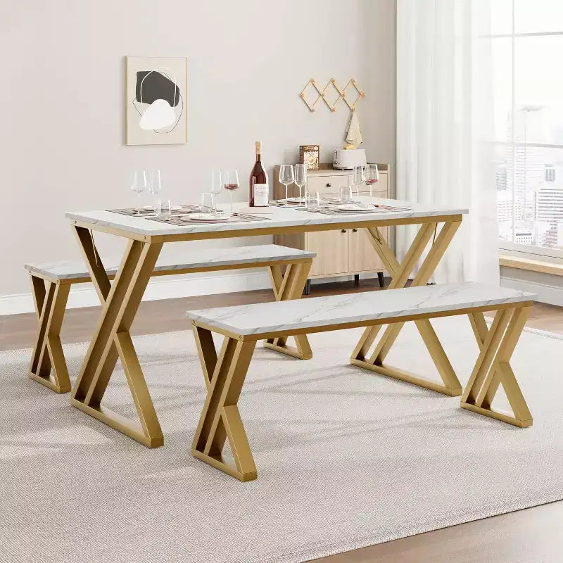 Set da pranzo per 4 persone: tavolo rettangolare effetto marmo e 2 panche con struttura in metallo - salvaspazio per cucina, sala da pranzo e appartamento.