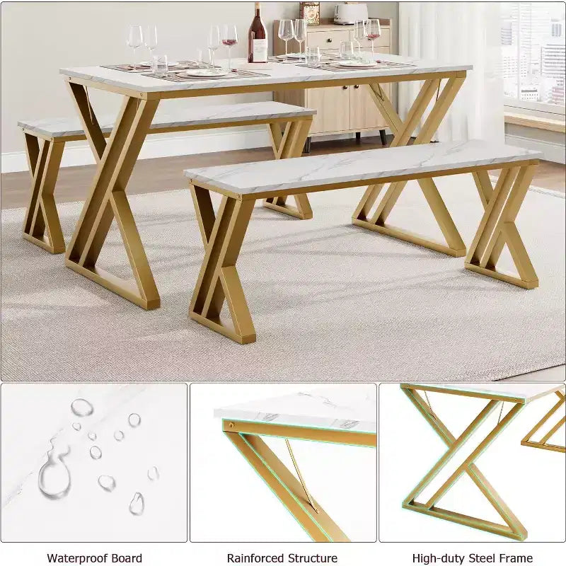 Set da pranzo per 4 persone: tavolo rettangolare effetto marmo e 2 panche con struttura in metallo - salvaspazio per cucina, sala da pranzo e appartamento.