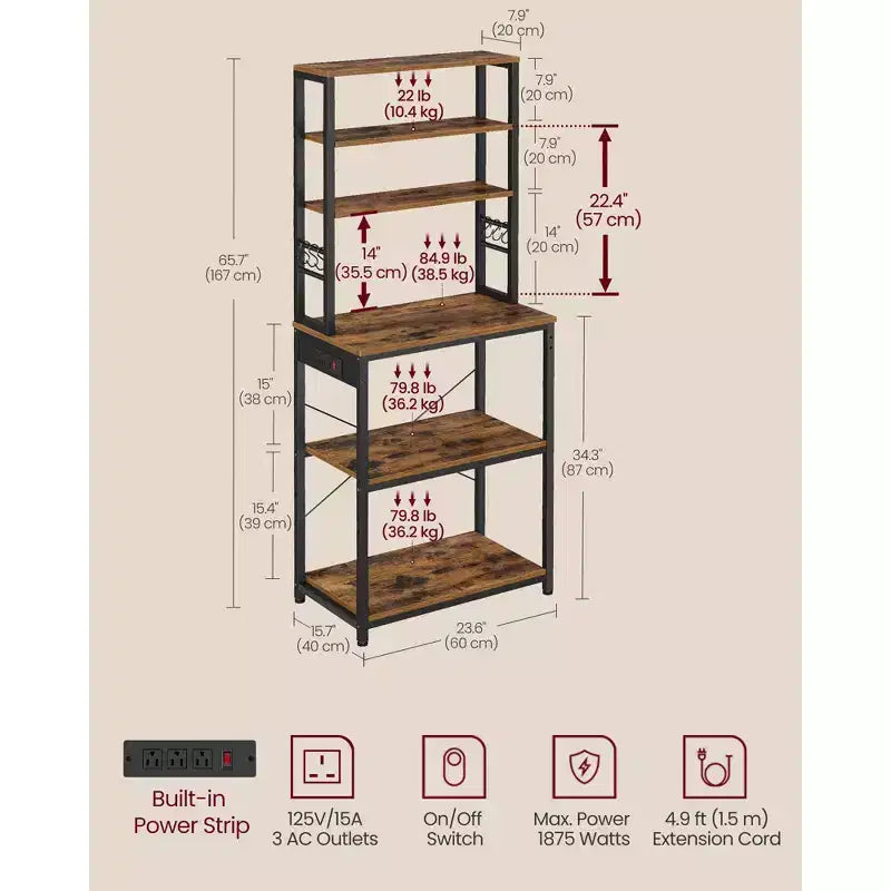Scaffale per Forno con Presa di Corrente, Ripiano da 65,7 Pollici per Caffè con Mensola Regolabile e 6 Ganci, Supporto per Microonde da Cucina