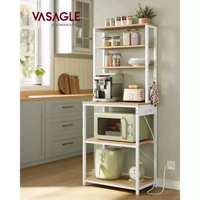 Scaffale per Forno con Presa di Corrente, Ripiano da 65,7 Pollici per Caffè con Mensola Regolabile e 6 Ganci, Supporto per Microonde da Cucina