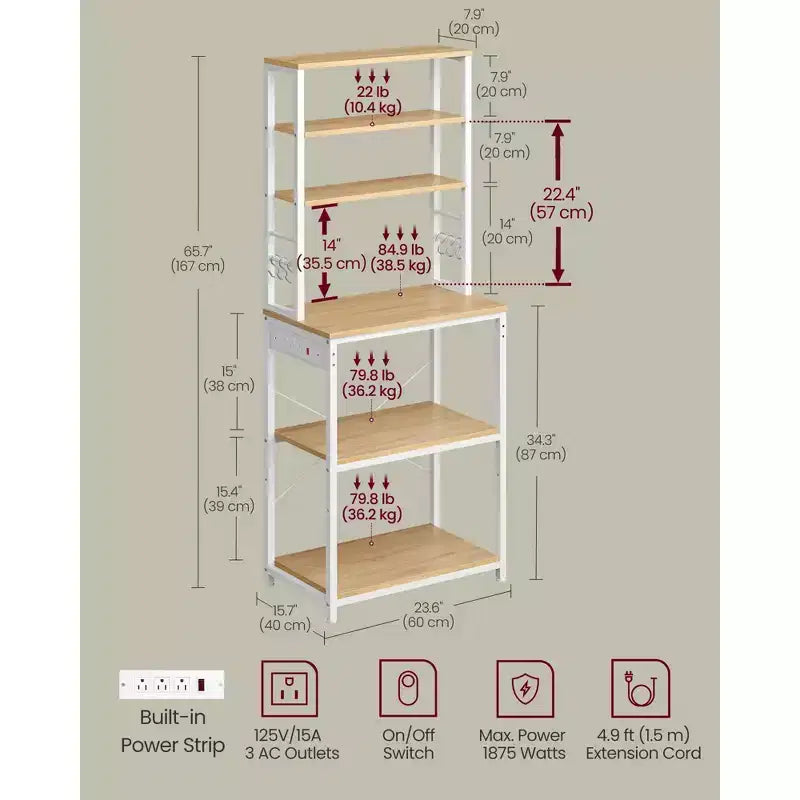 Scaffale per Forno con Presa di Corrente, Ripiano da 65,7 Pollici per Caffè con Mensola Regolabile e 6 Ganci, Supporto per Microonde da Cucina