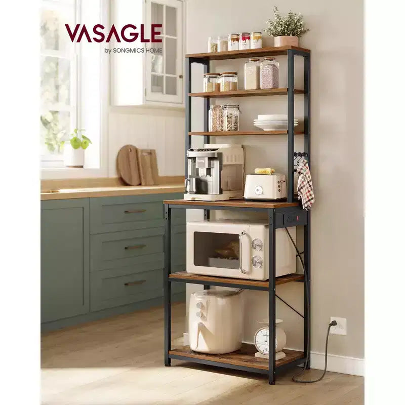 Scaffale per Forno con Presa di Corrente, Ripiano da 65,7 Pollici per Caffè con Mensola Regolabile e 6 Ganci, Supporto per Microonde da Cucina