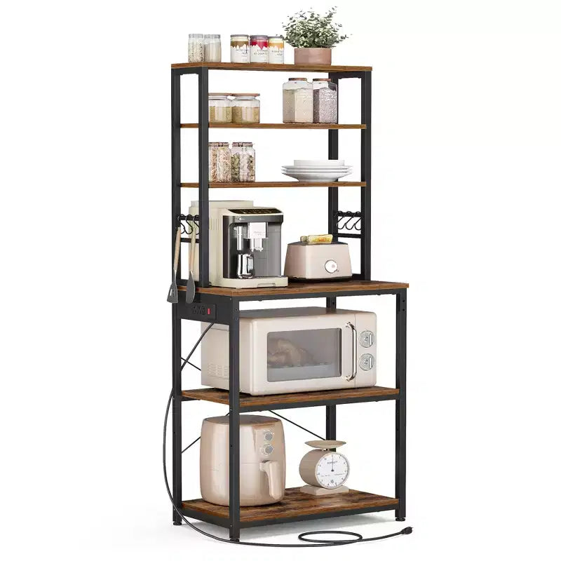 Scaffale per Forno con Presa di Corrente, Ripiano da 65,7 Pollici per Caffè con Mensola Regolabile e 6 Ganci, Supporto per Microonde da Cucina