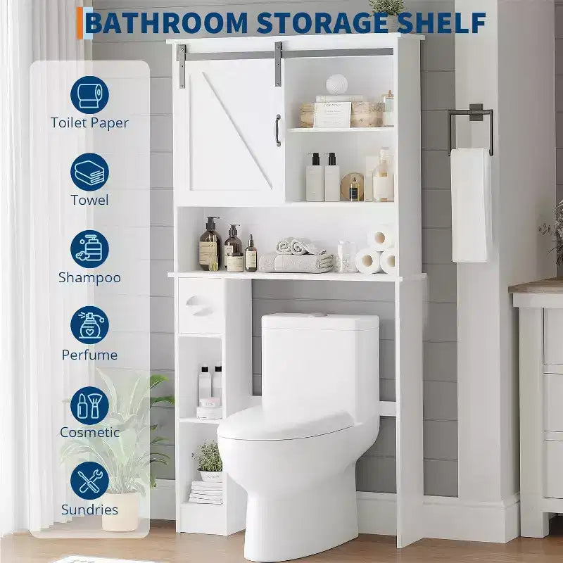 Mobiletto contenitore sopra il WC con ante scorrevoli - Mobiletto bagno sopra il WC con gancio per salviette e ripiani regolabili, bianco
