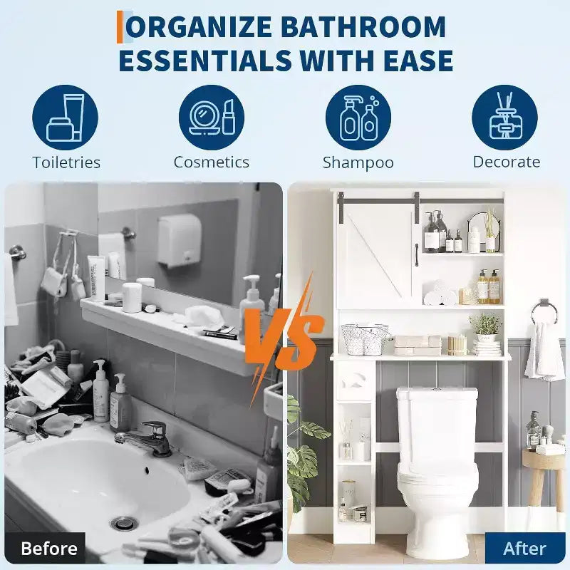 Mobiletto contenitore sopra il WC con ante scorrevoli - Mobiletto bagno sopra il WC con gancio per salviette e ripiani regolabili, bianco