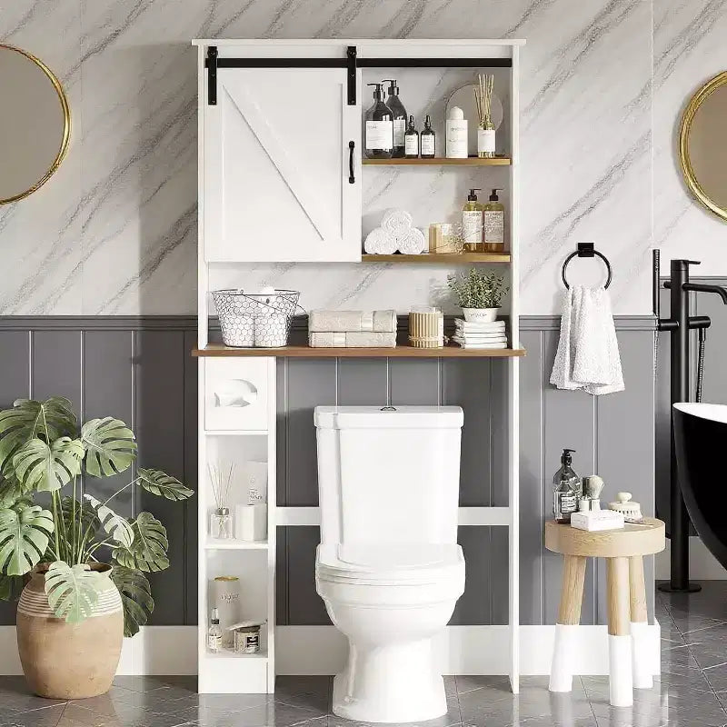 Mobiletto contenitore sopra il WC con ante scorrevoli - Mobiletto bagno sopra il WC con gancio per salviette e ripiani regolabili, bianco