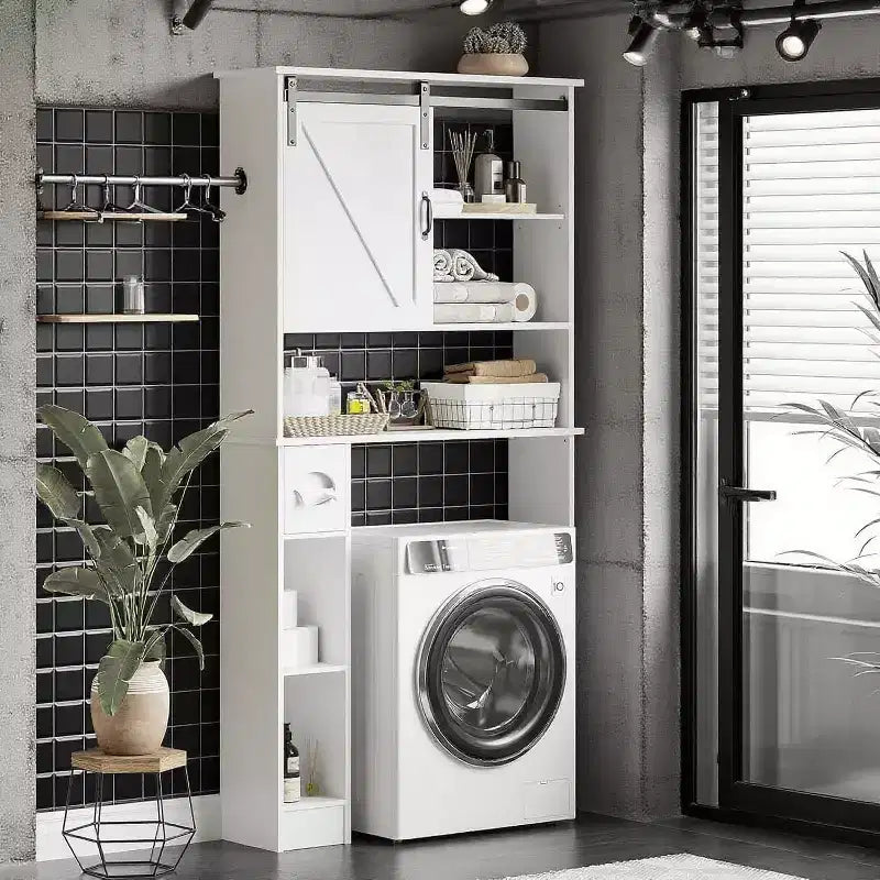 Mobiletto contenitore sopra il WC con ante scorrevoli - Mobiletto bagno sopra il WC con gancio per salviette e ripiani regolabili, bianco