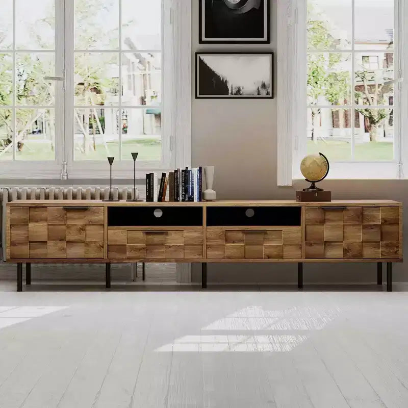 MAYEERTY Mobile TV Moderno con 2 Cassetti, Tavolino Console Multimediale per TV fino a 85 pollici, Centro Intrattenimento con Spazio di Archiviazione per Soggiorno