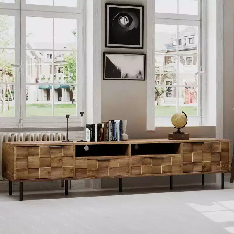 MAYEERTY Mobile TV Moderno con 2 Cassetti, Tavolino Console Multimediale per TV fino a 85 pollici, Centro Intrattenimento con Spazio di Archiviazione per Soggiorno