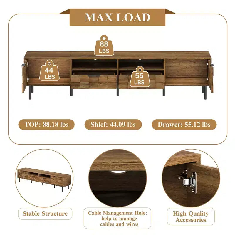 MAYEERTY Mobile TV Moderno con 2 Cassetti, Tavolino Console Multimediale per TV fino a 85 pollici, Centro Intrattenimento con Spazio di Archiviazione per Soggiorno
