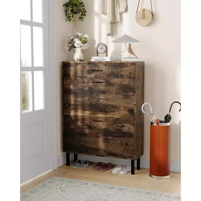 Scarpiera stretta a 3 cassetti con ripiani regolabili, mobile contenitore in legno indipendente per ingresso, corridoio e portico