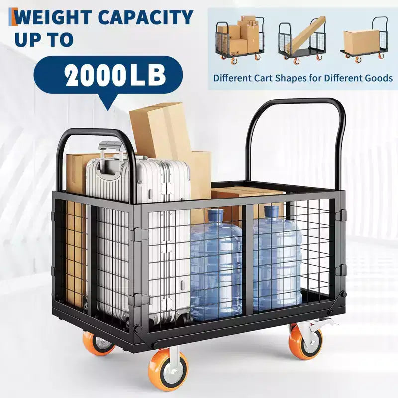 Carrello Piattaforma 2000 Libbre con Gabbia, Carrello a Mano Pieghevole 6 in 1 Resistente con Gabbia, Carrello Pieghevole Dolly