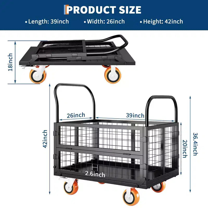 Carrello Piattaforma 2000 Libbre con Gabbia, Carrello a Mano Pieghevole 6 in 1 Resistente con Gabbia, Carrello Pieghevole Dolly