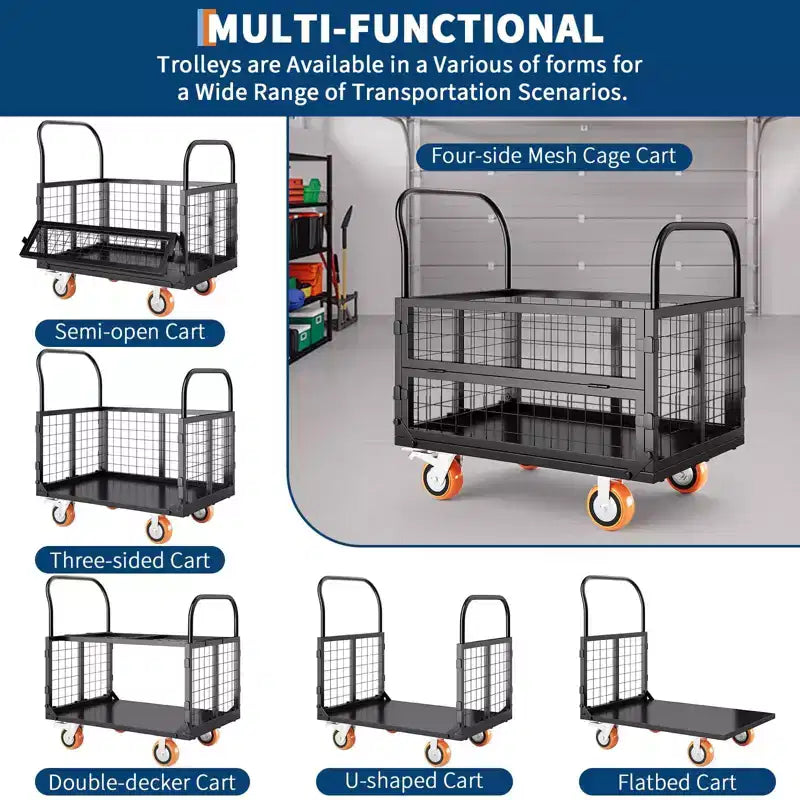 Carrello Piattaforma 2000 Libbre con Gabbia, Carrello a Mano Pieghevole 6 in 1 Resistente con Gabbia, Carrello Pieghevole Dolly