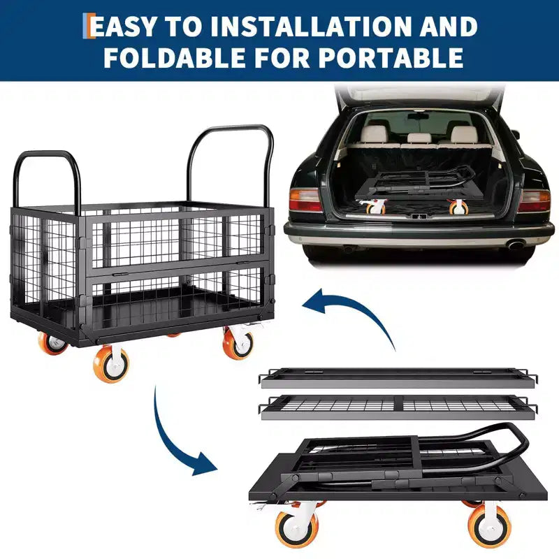 Carrello Piattaforma 2000 Libbre con Gabbia, Carrello a Mano Pieghevole 6 in 1 Resistente con Gabbia, Carrello Pieghevole Dolly